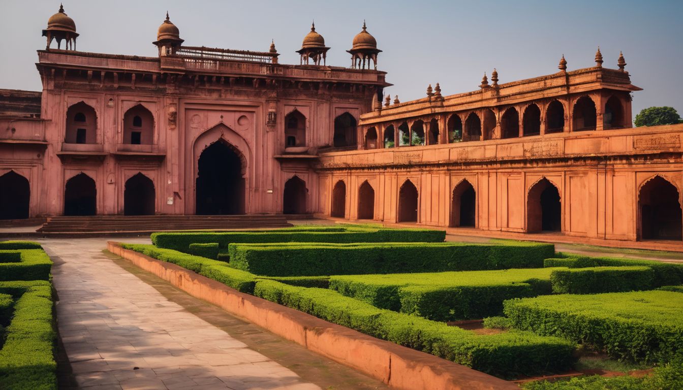 A group of tourists exploring the intricate architecture of Lalbagh Fort in Bangladesh.