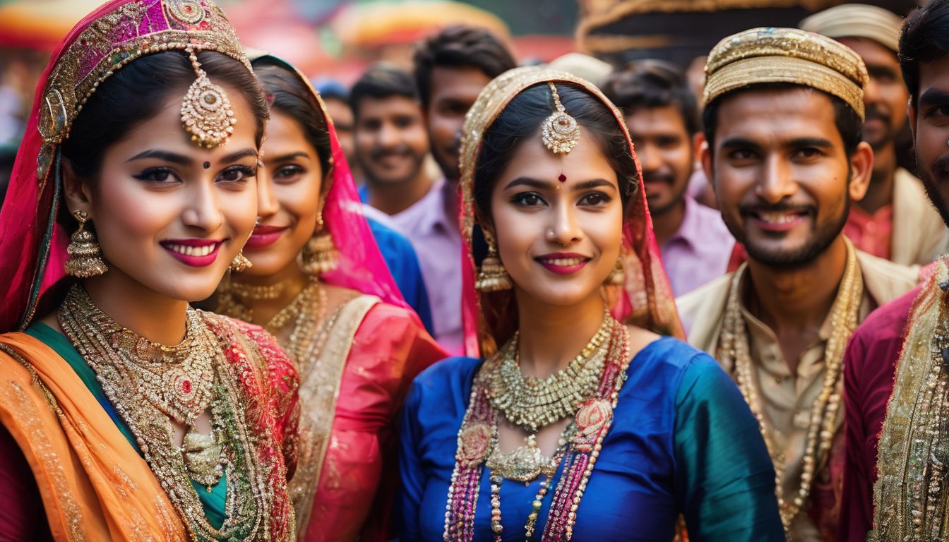 A group of people in traditional Bangladeshi clothing participate in a vibrant cultural festival.
