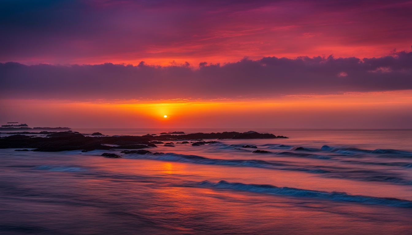 A breathtaking sunrise over the Bay of Bengal captured in a vibrant and photorealistic seascape photograph.