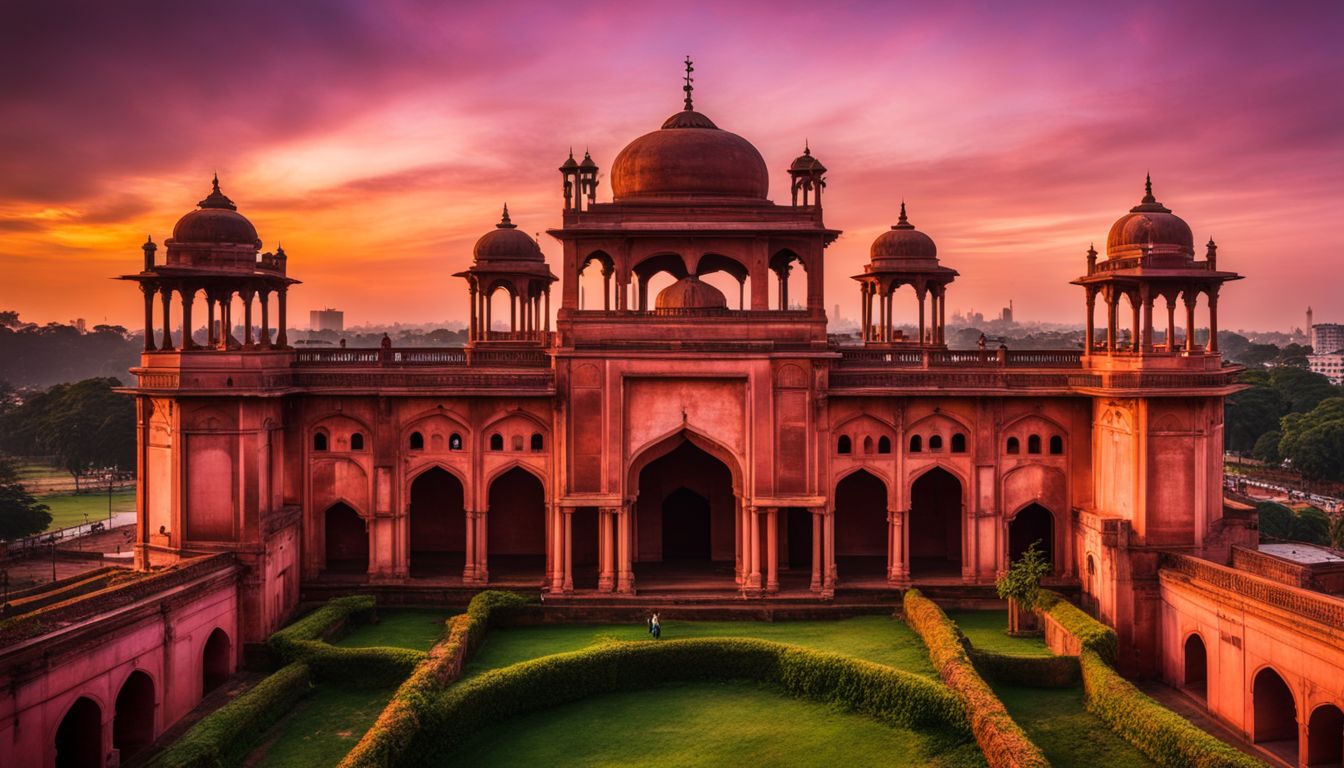 A photo of Lalbagh Fort's intricate architecture against a vibrant sunset sky.
