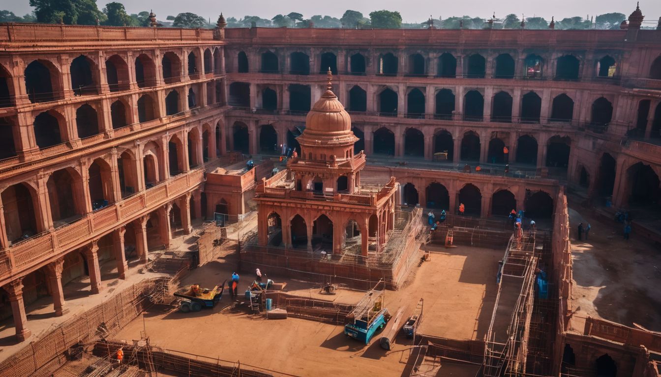 Construction workers building the grand Lalbagh Fort with scaffolding in a bustling atmosphere.