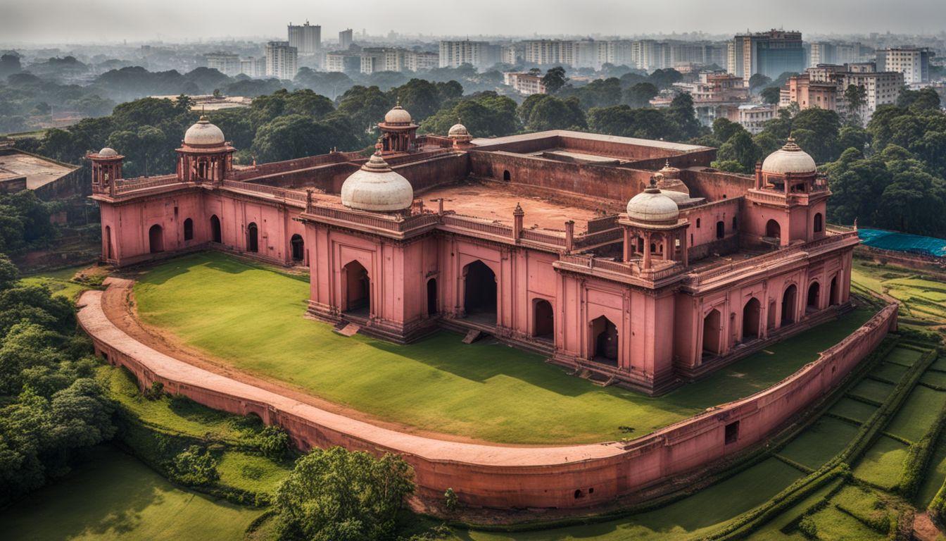 A panoramic view of Lalbagh Fort during construction, capturing architectural details, with a bustling atmosphere and diverse people.