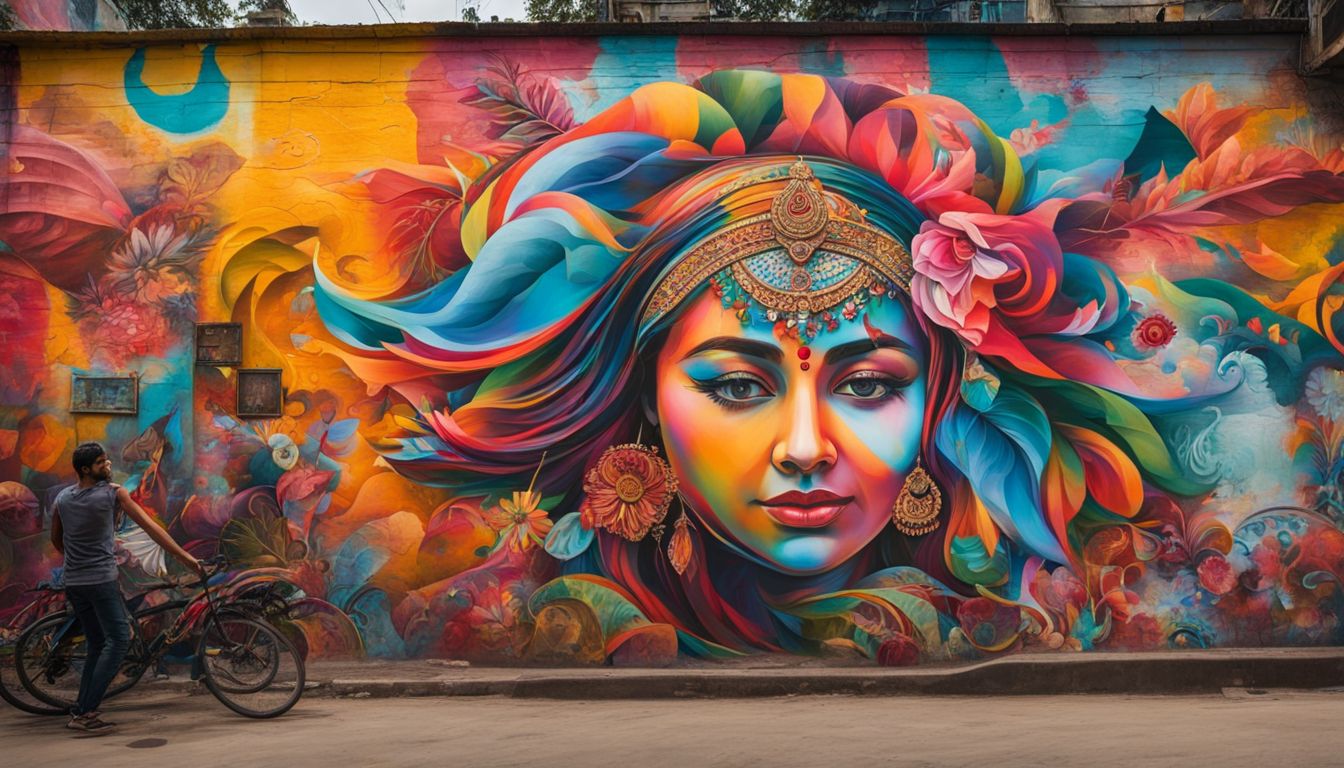A vibrant street mural in Bangladesh captures the cultural diversity and artistic expression of modern art.