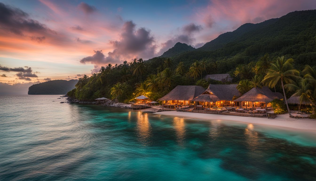 A photo of Coral View Resort at sunset, showcasing its stunning turquoise waters and vibrant atmosphere.