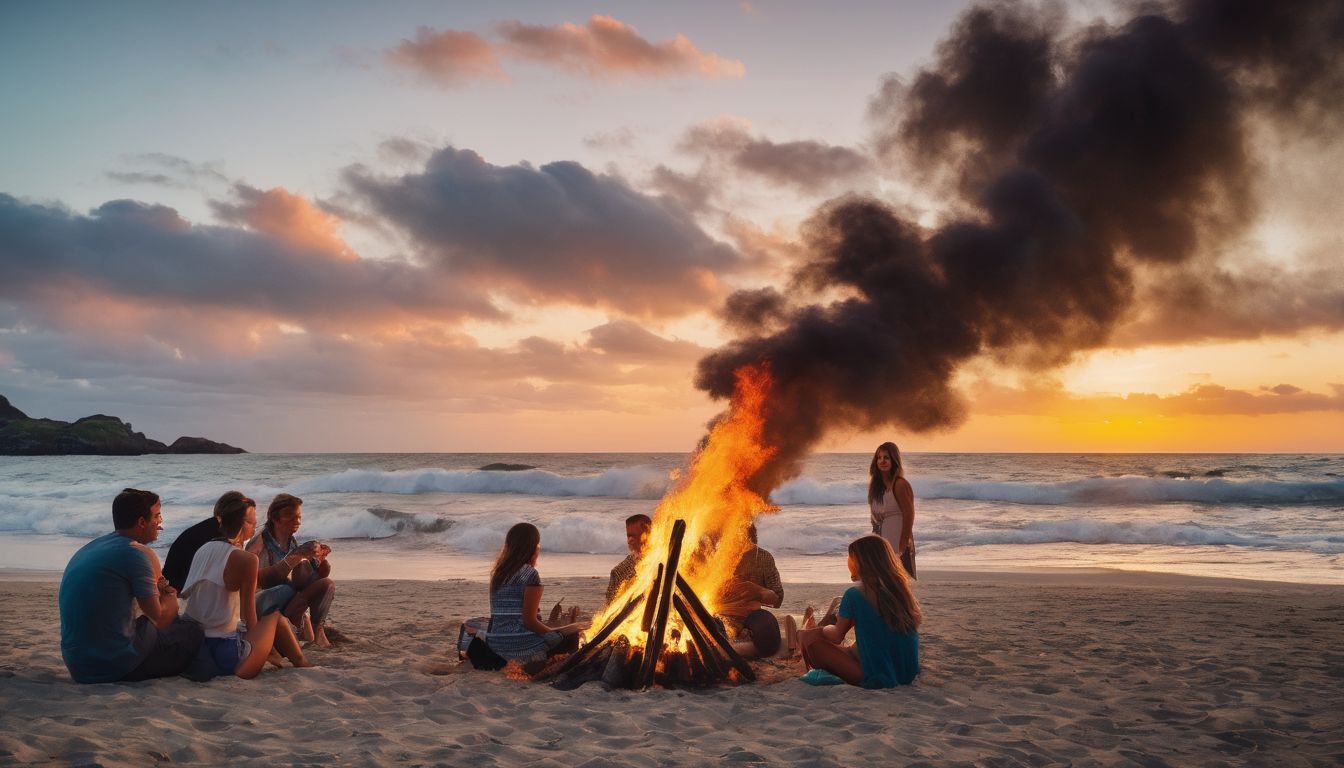 People enjoying a beach bonfire with friends and family, capturing the vibrant atmosphere and diverse group of individuals.