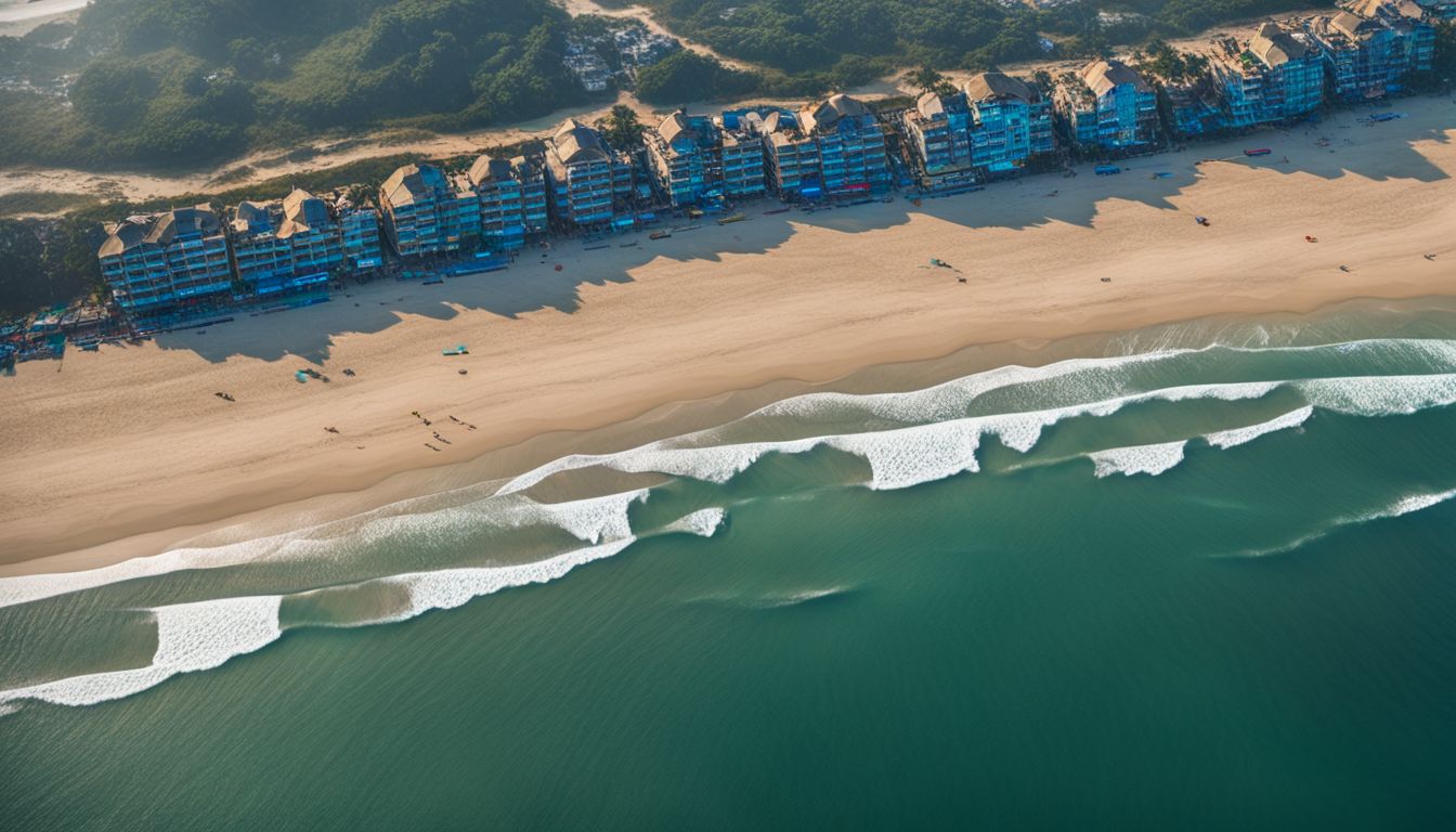 An aerial view of Cox's Bazar Beach, featuring its expansive stretch of golden sands and clear blue waters.