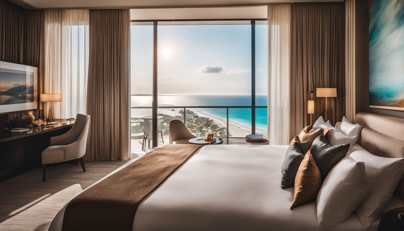 A photo of a luxurious hotel room with a stunning view of the beach and cityscape.
