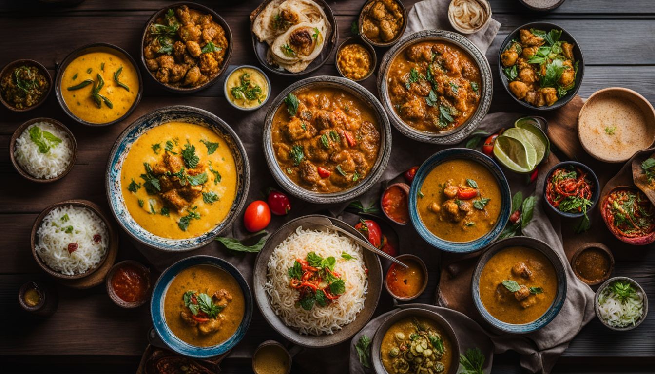 A table filled with a variety of flavorful Bangladeshi dishes, captured in a professional food photography style.