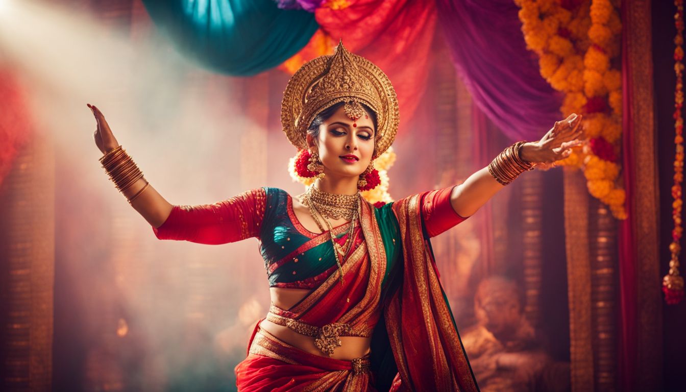 A photo of a traditional Bengali dancer performing in front of a colorful backdrop, showcasing different faces, hair styles, and outfits.