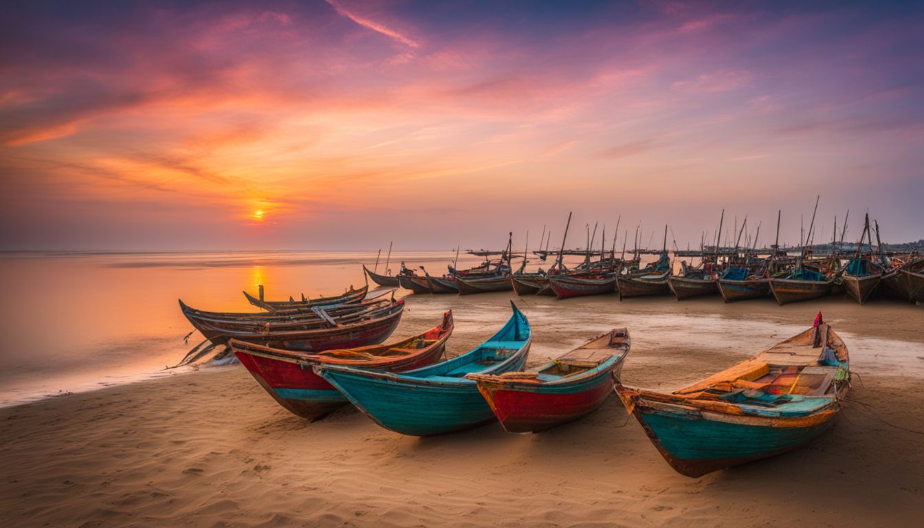 A vibrant photo showcasing traditional fishing boats and the bustling atmosphere of Bangladesh's seaside.