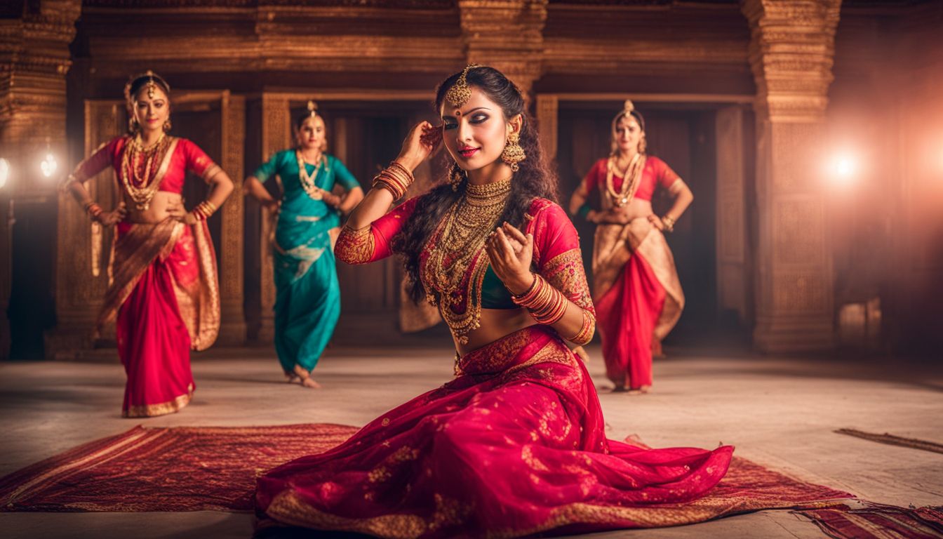 A vibrant traditional Bangladeshi dance performance captured in a beautifully decorated courtyard with diverse faces, hairstyles, and outfits.