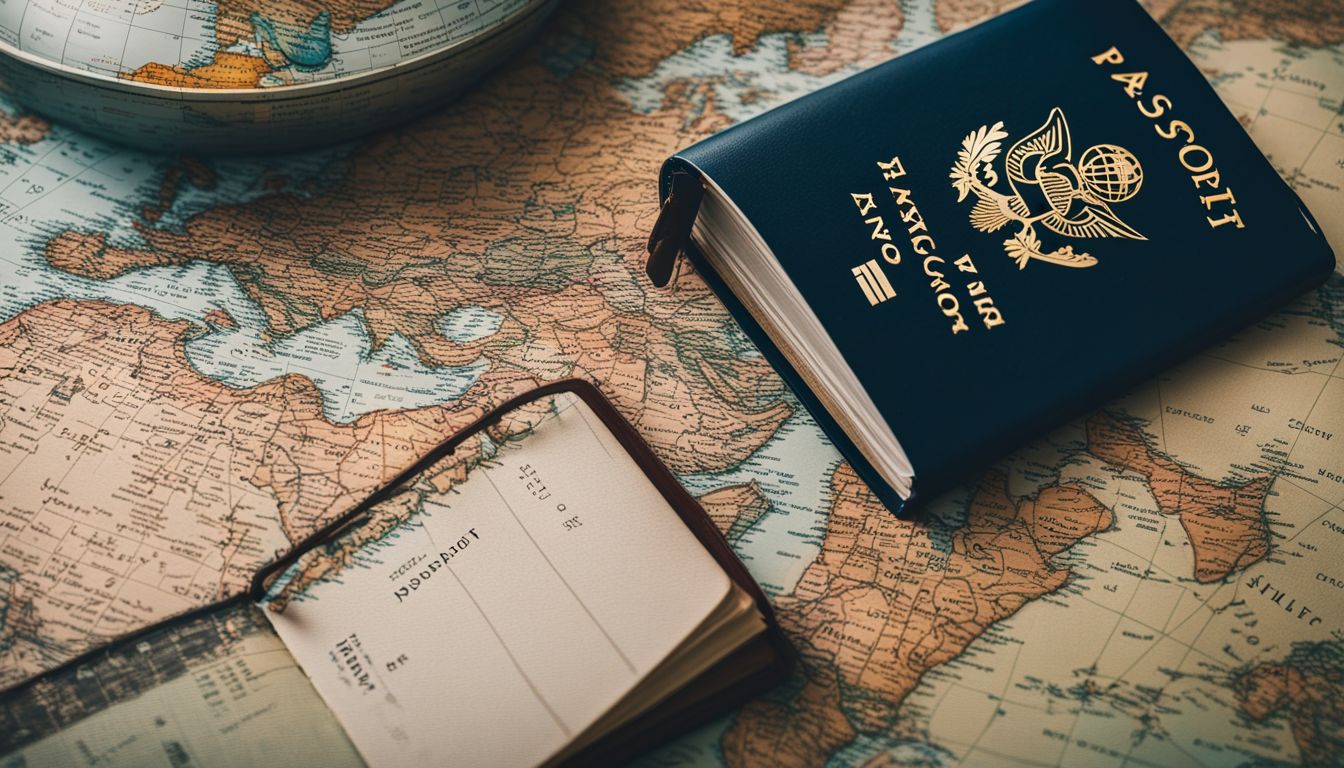 The photo depicts a passport surrounded by travel books, a globe, and other travel-related items.