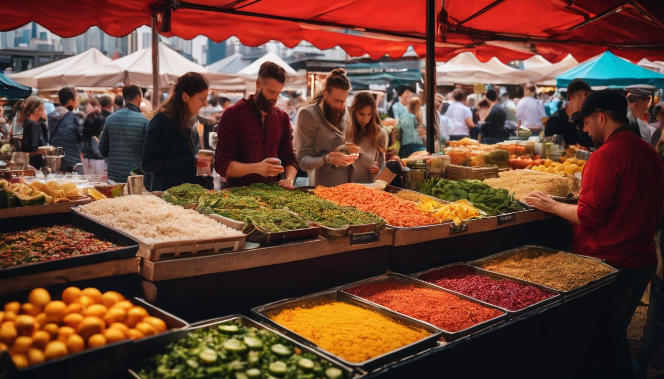 A diverse group of people enjoying a vibrant outdoor food market in a bustling cityscape.