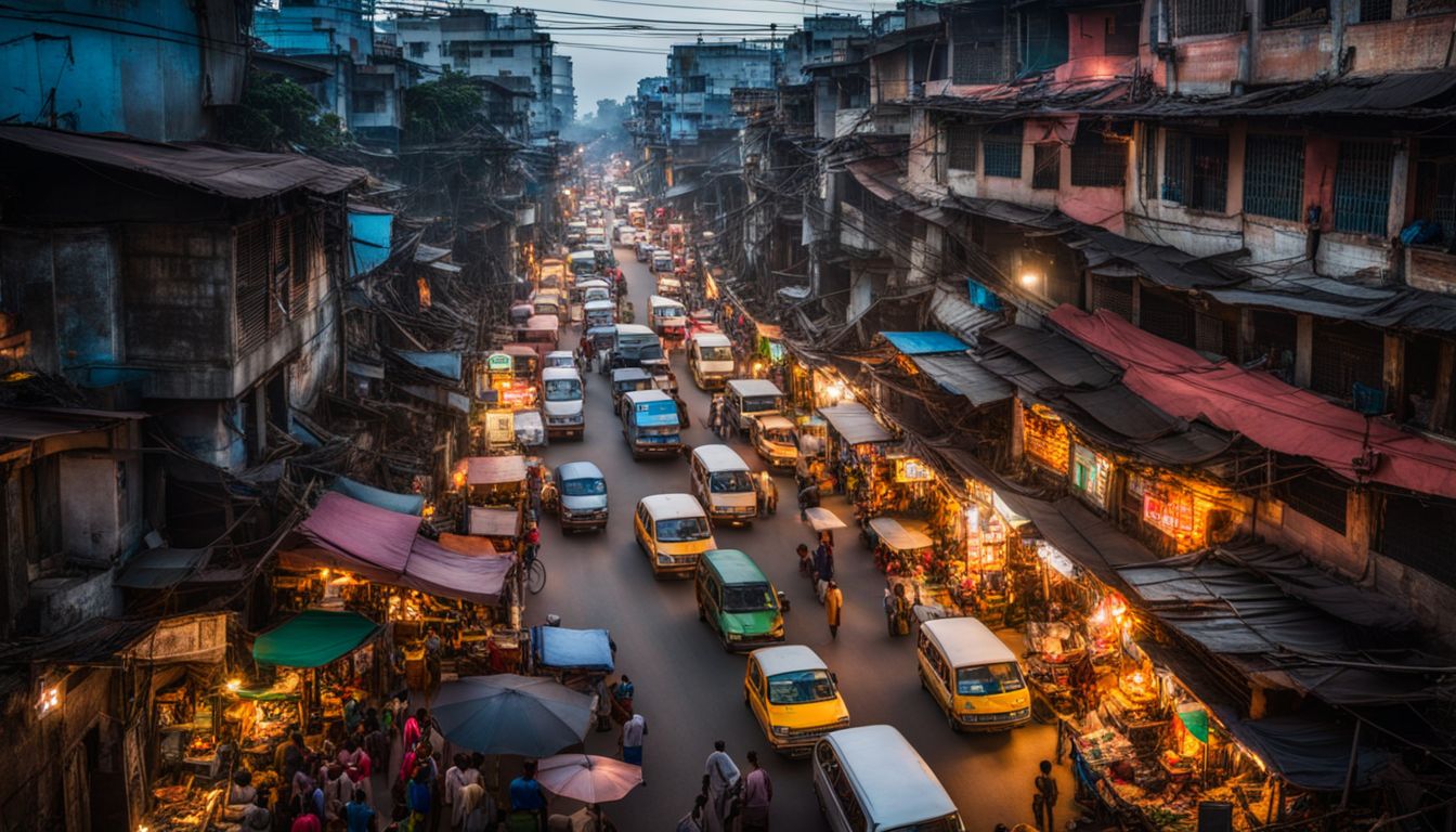 A vibrant and bustling cityscape of Dhaka captured with high-quality photography equipment.