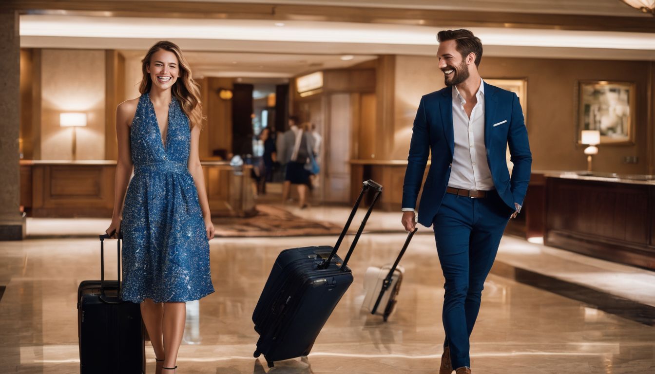 A couple smiles in a hotel lobby surrounded by suitcases, capturing the atmosphere of travel and excitement.