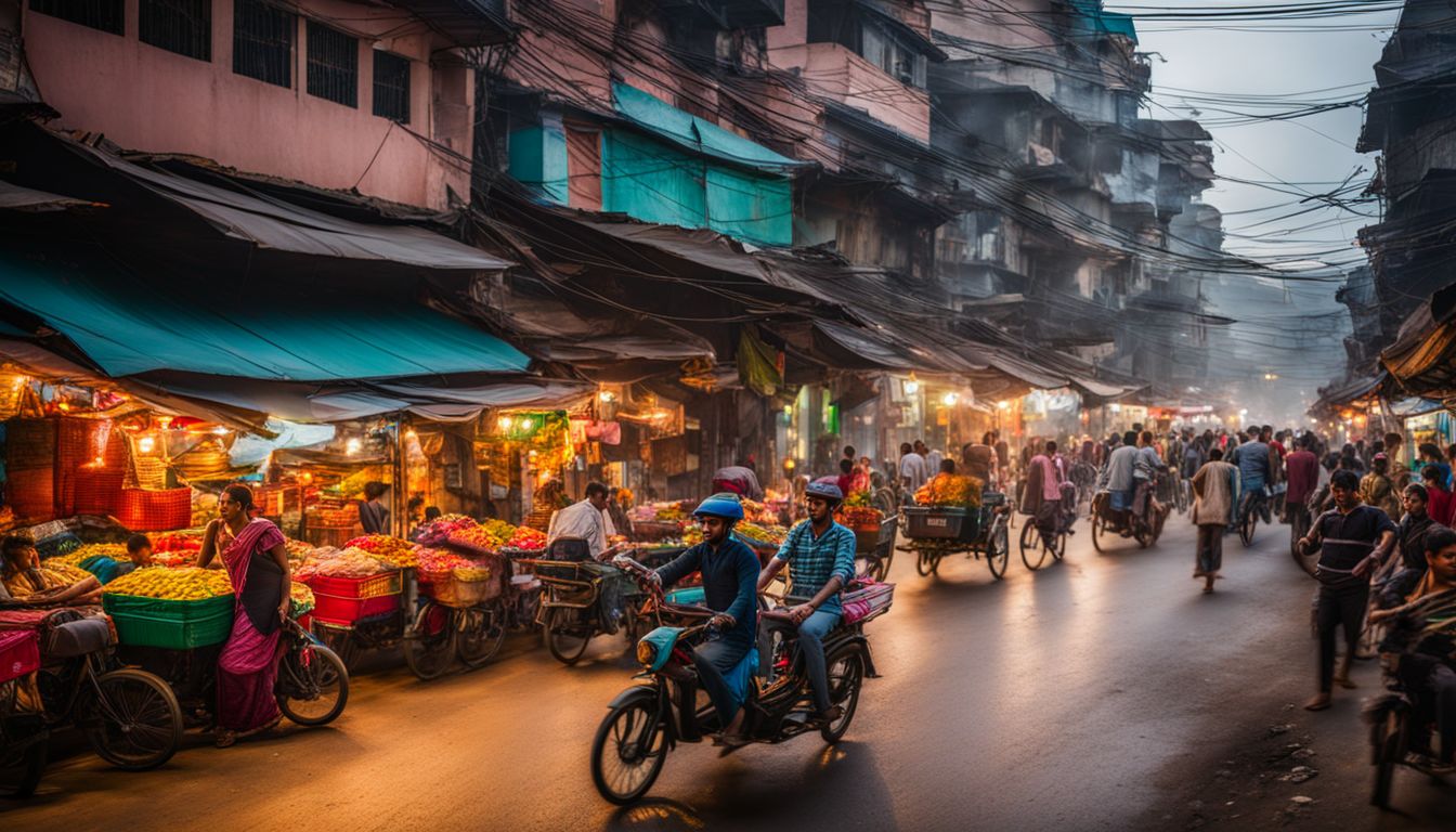 A vibrant and bustling cityscape in Dhaka, showcasing colorful rickshaws and bustling markets.
