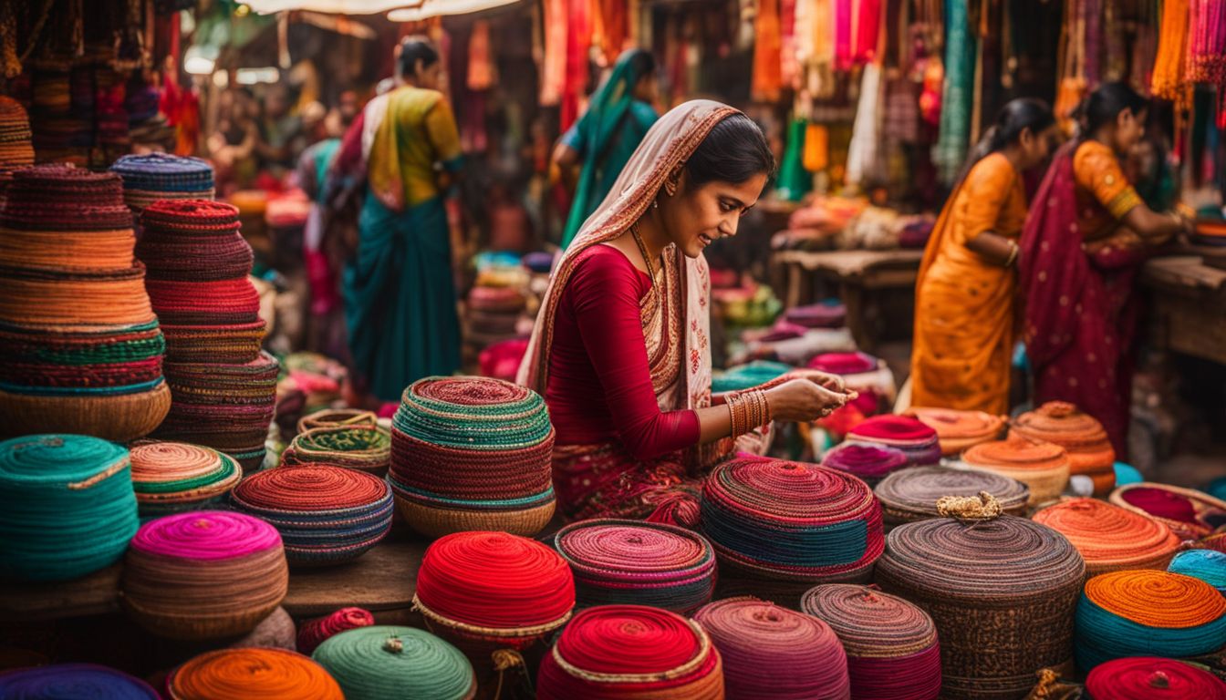 A bustling market in Bangladesh showcases vibrant traditional handicrafts and cultural diversity.