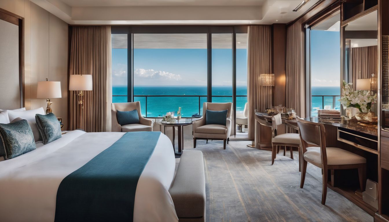 A luxurious hotel suite with a stunning ocean view, featuring diverse individuals in various outfits and hairstyles.