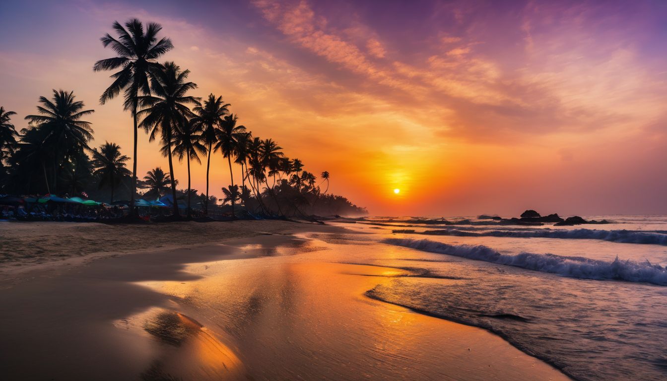 A vibrant sunset over Cox's Bazar beach with coconut trees silhouetted in front, capturing the bustling atmosphere of the scene.