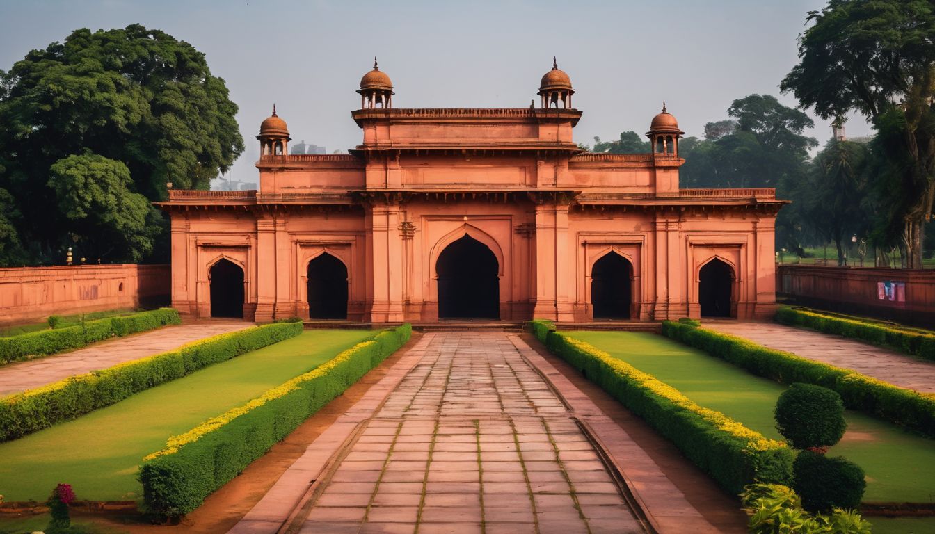 The grand entrance gate of Lalbagh Fort surrounded by lush gardens, with a bustling atmosphere and diverse group of people.