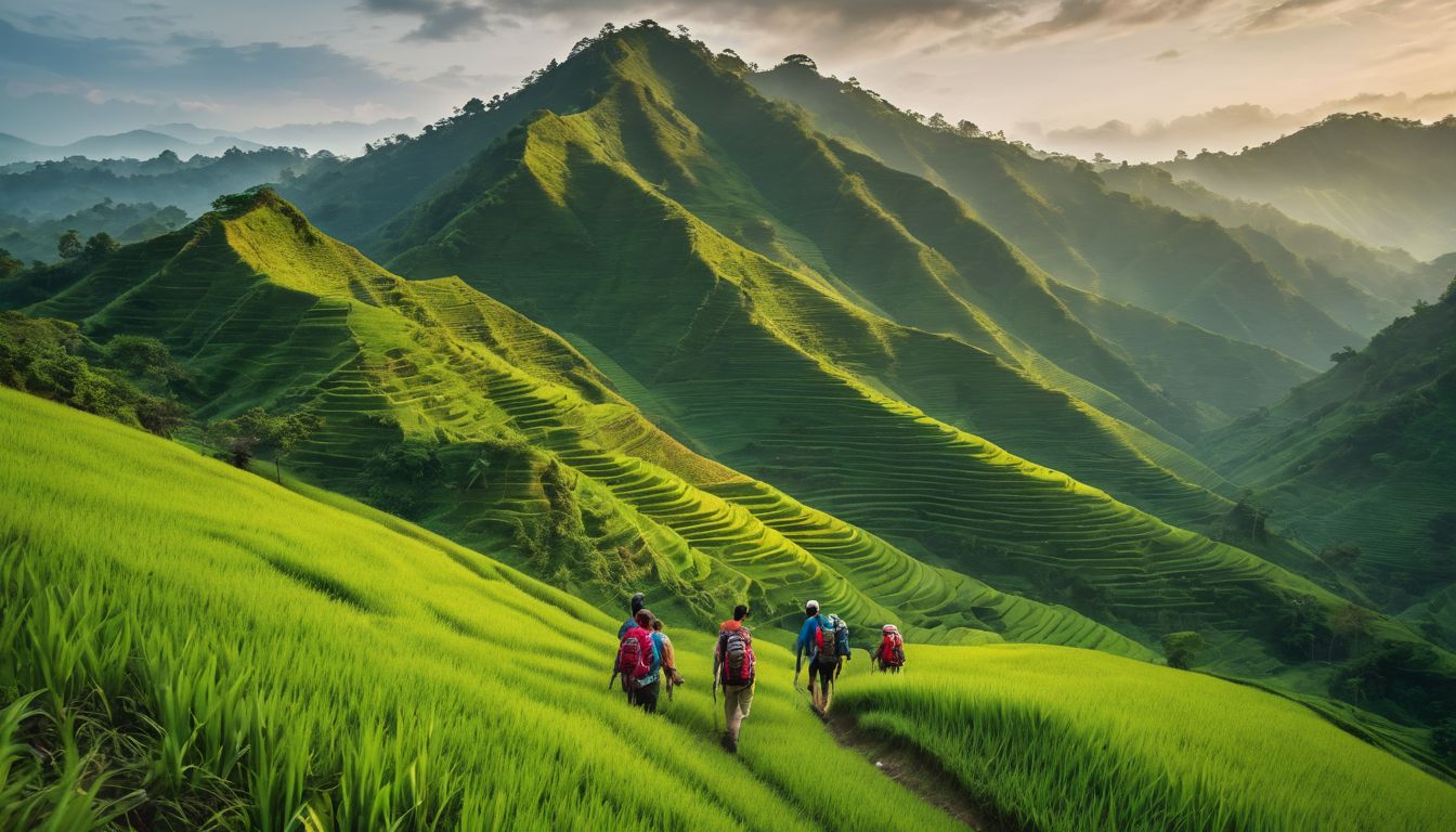 A diverse group of hikers explore the lush hills of Bangladesh in a vibrant and bustling atmosphere.