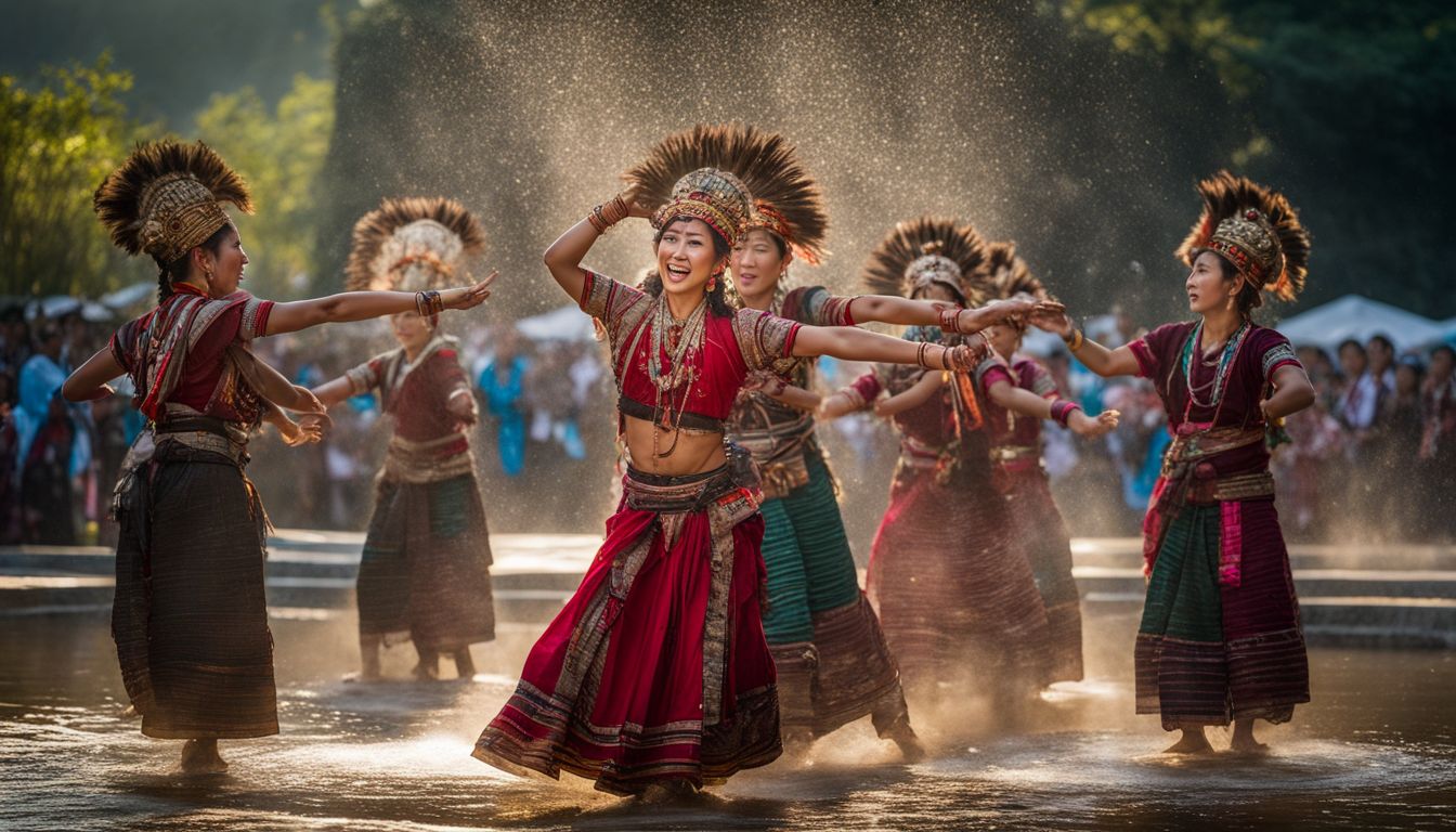 The Chakma Tribe performs a traditional dance in front of the Richang Fountain, showcasing their diverse faces, hairstyles, and outfits.