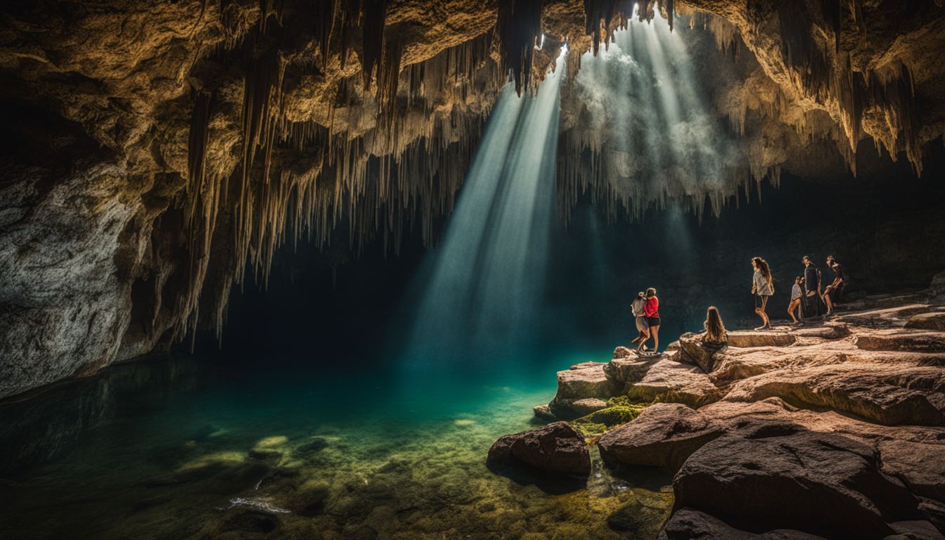 A photo of the stunning Alutila Cave with diverse people exploring the cavern.