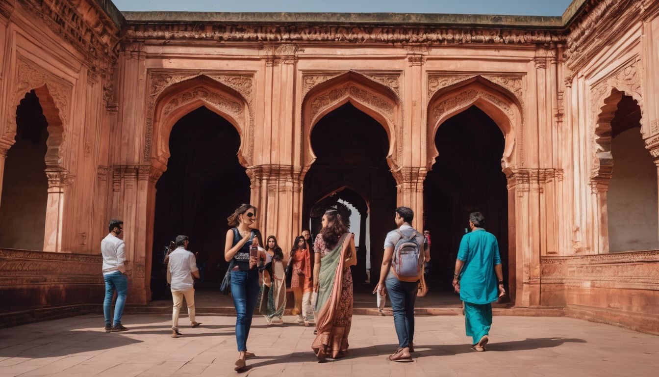 A group of tourists exploring the grandeur of Diwan-i-Aam at Lalbagh Fort in a bustling atmosphere.