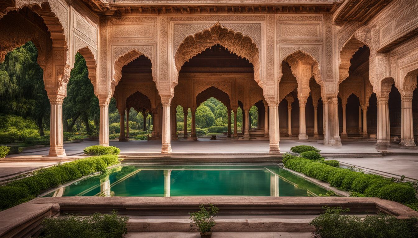 A photo of the grand architecture of Diwan-i-Aam, surrounded by lush gardens, capturing the bustling atmosphere and showcasing different individuals in various outfits.