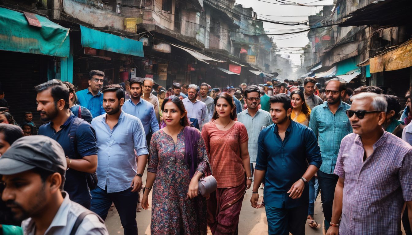 A diverse group of travelers exploring the vibrant streets of Dhaka.