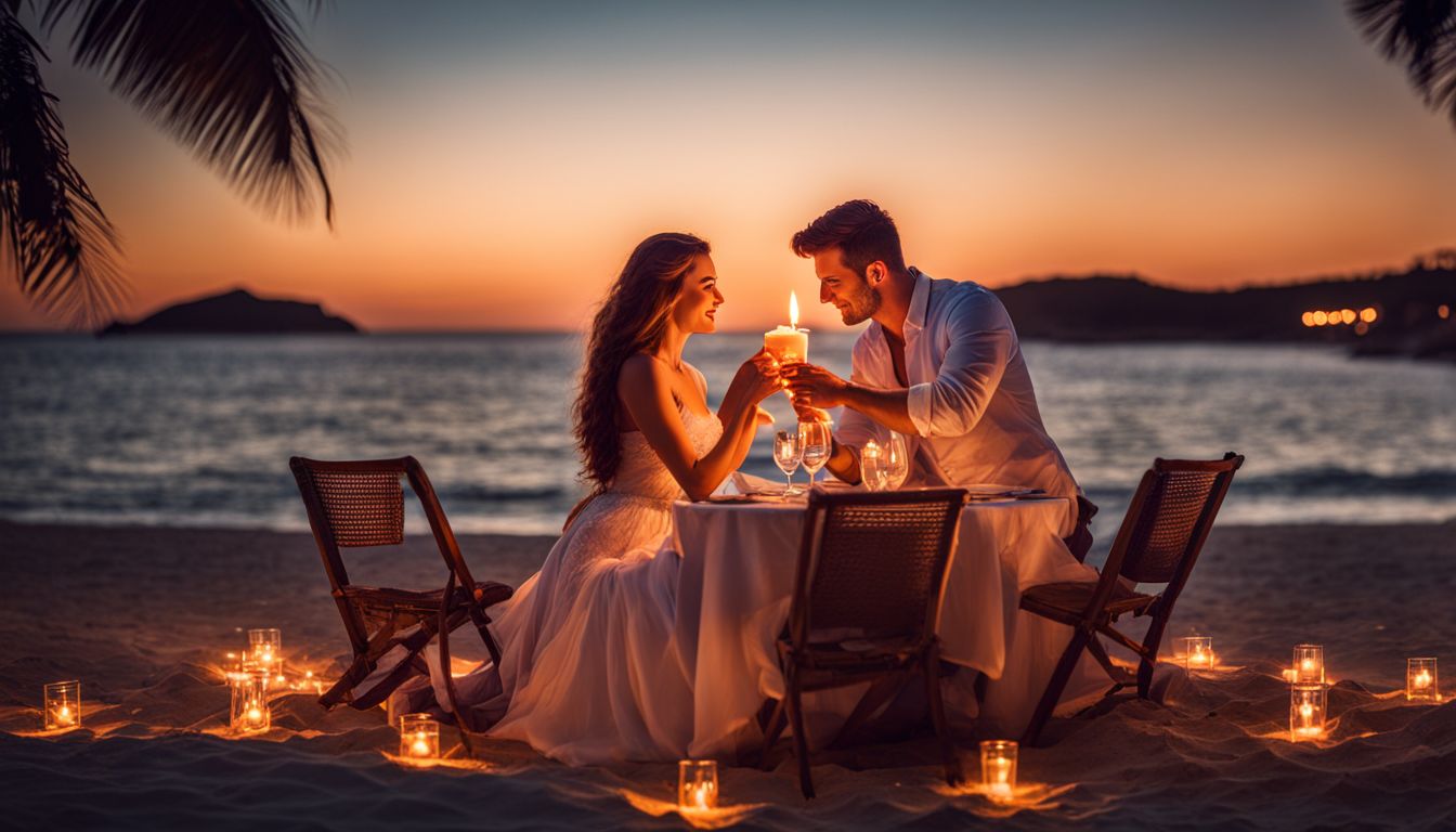 A couple enjoying a romantic candlelit dinner on the beach at Dream Night Resort.