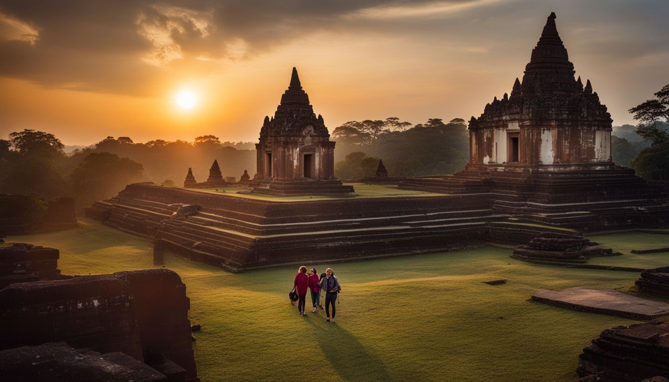 Tourists explore the ancient ruins of Somapura Mahavihara at sunset in a bustling atmosphere.