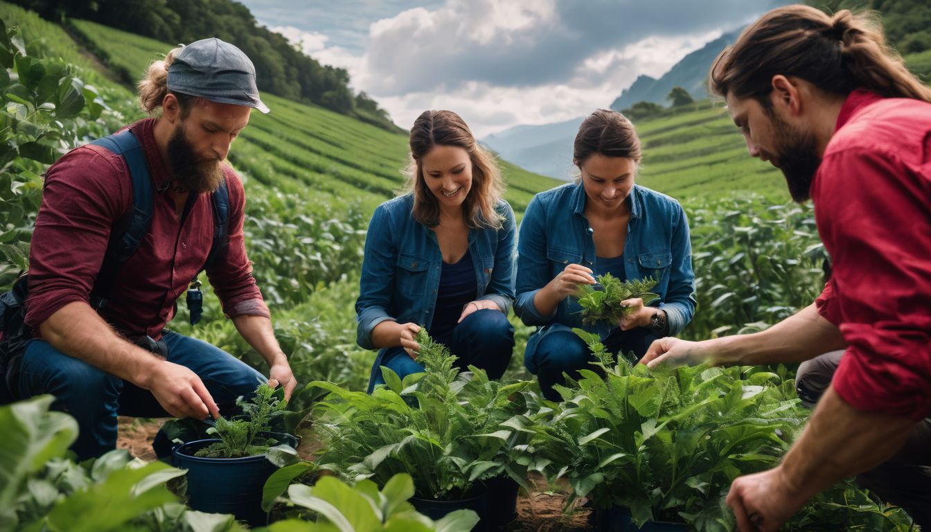 A group of English traders examining indigo plants in a vibrant farm.