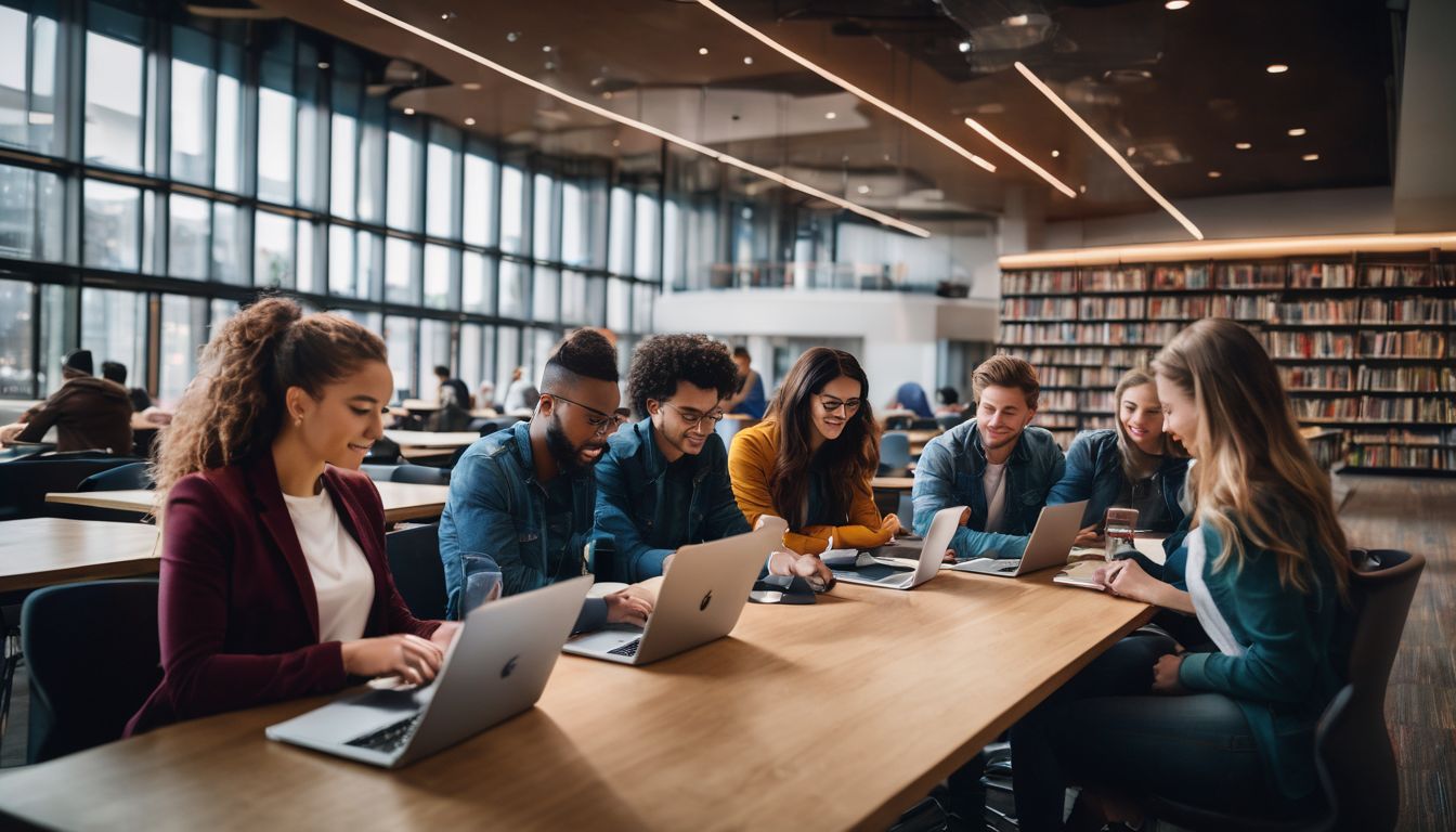 A diverse group of students study together in a modern university library, captured in a vibrant and bustling atmosphere.