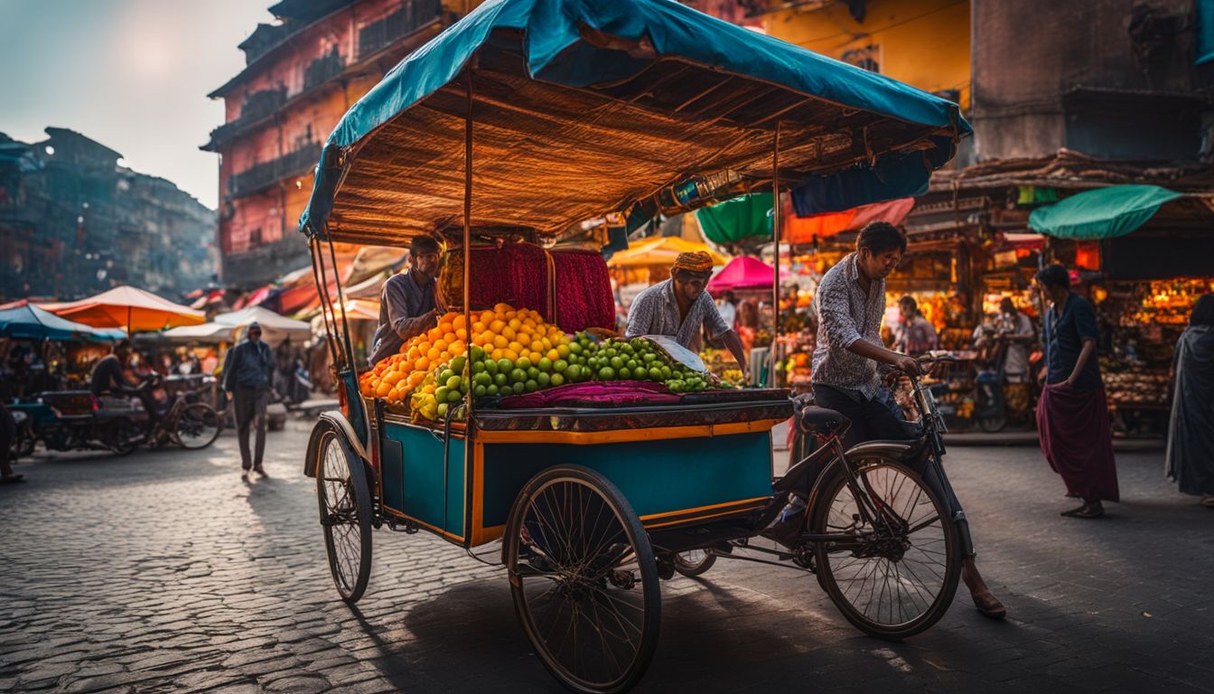 A traditional rickshaw parked in front of a colorful marketplace with diverse people and bustling atmosphere.