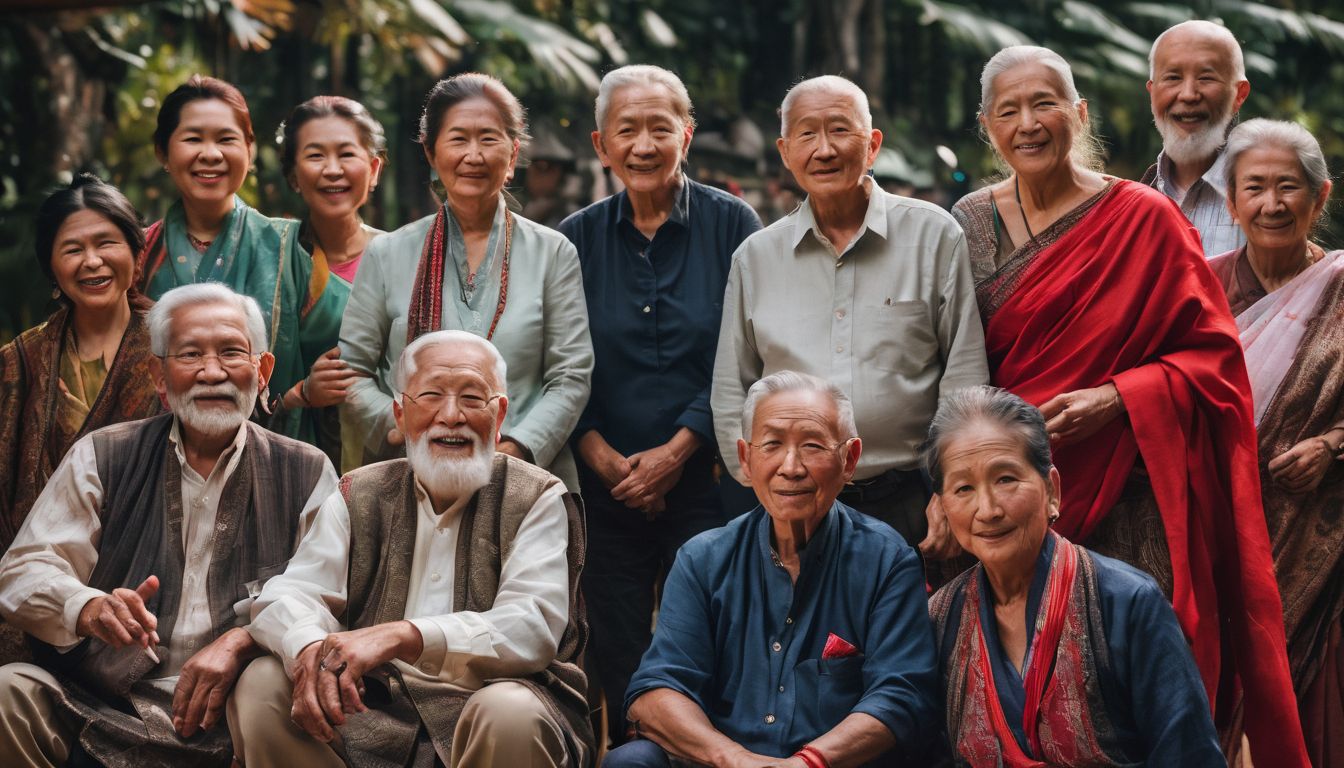 A photo capturing the vibrant and diverse community of elderly individuals from various cultural backgrounds.
