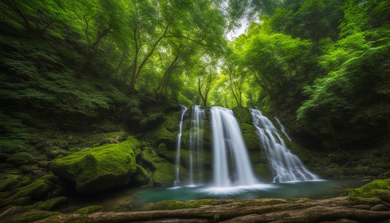 A vibrant forest scene featuring Haja Chora Waterfall and a diverse group of people.