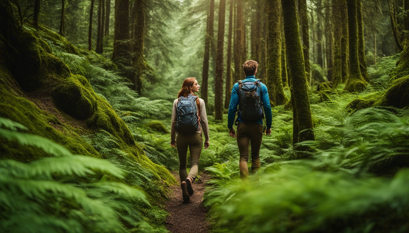 A couple hiking through a lush forest in a picturesque landscape.