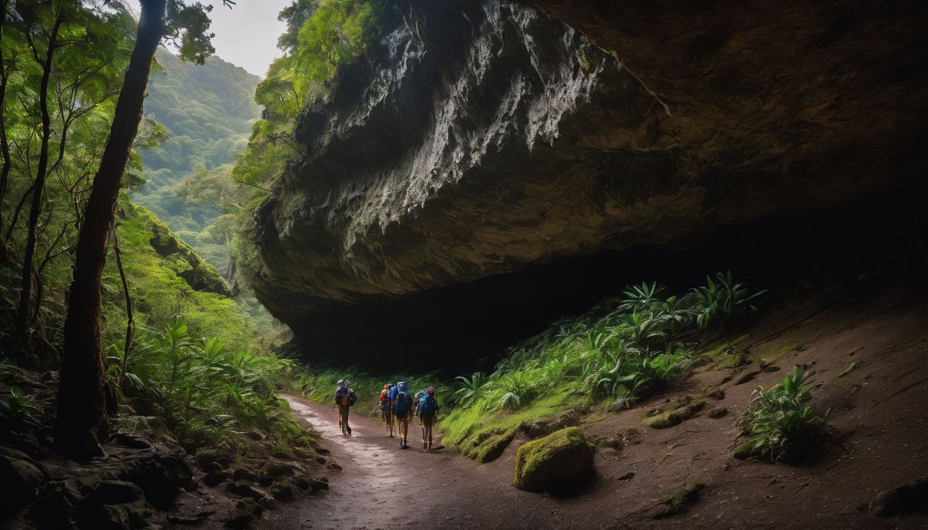 A diverse group of hikers exploring Alutila Cave and Matai Hakor Cave, captured in a vivid and detailed photograph.