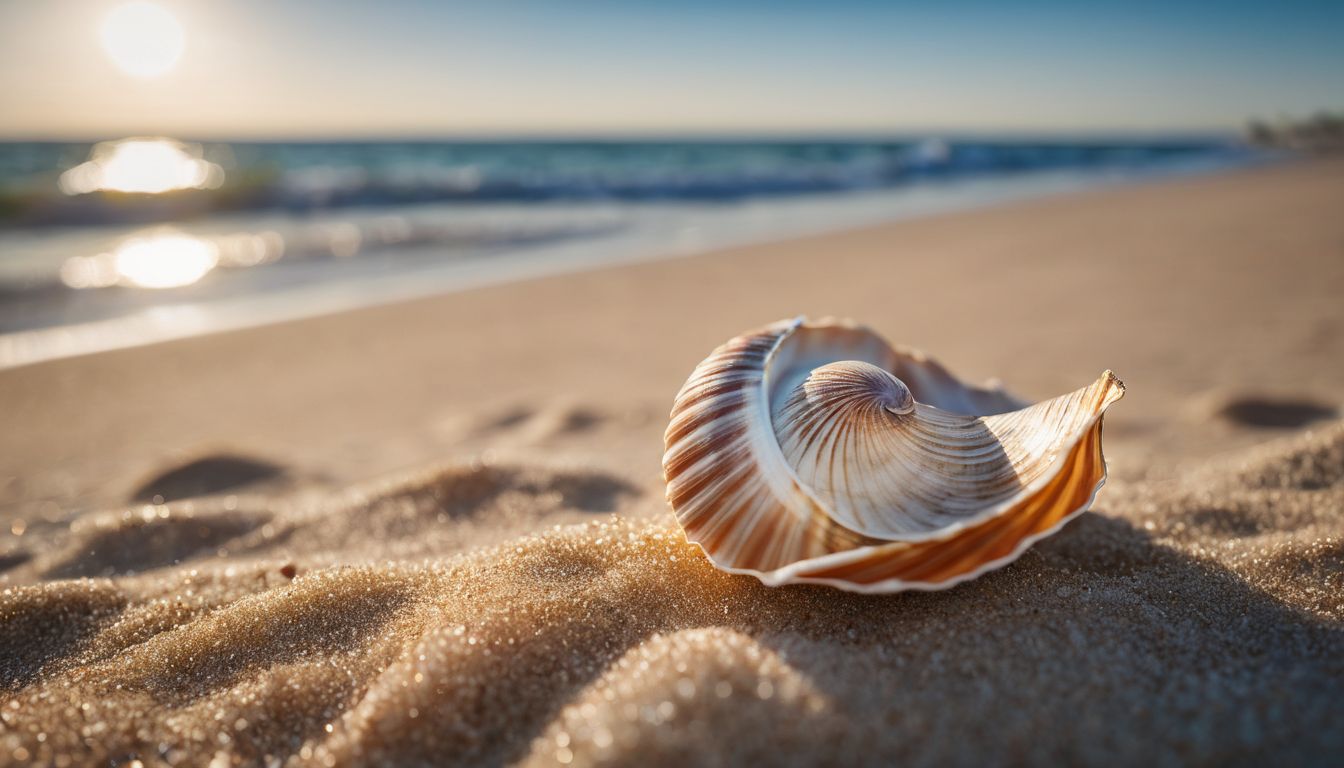 A close-up photo of a seashell on a sandy beach with a diverse group of people and various outfits.
