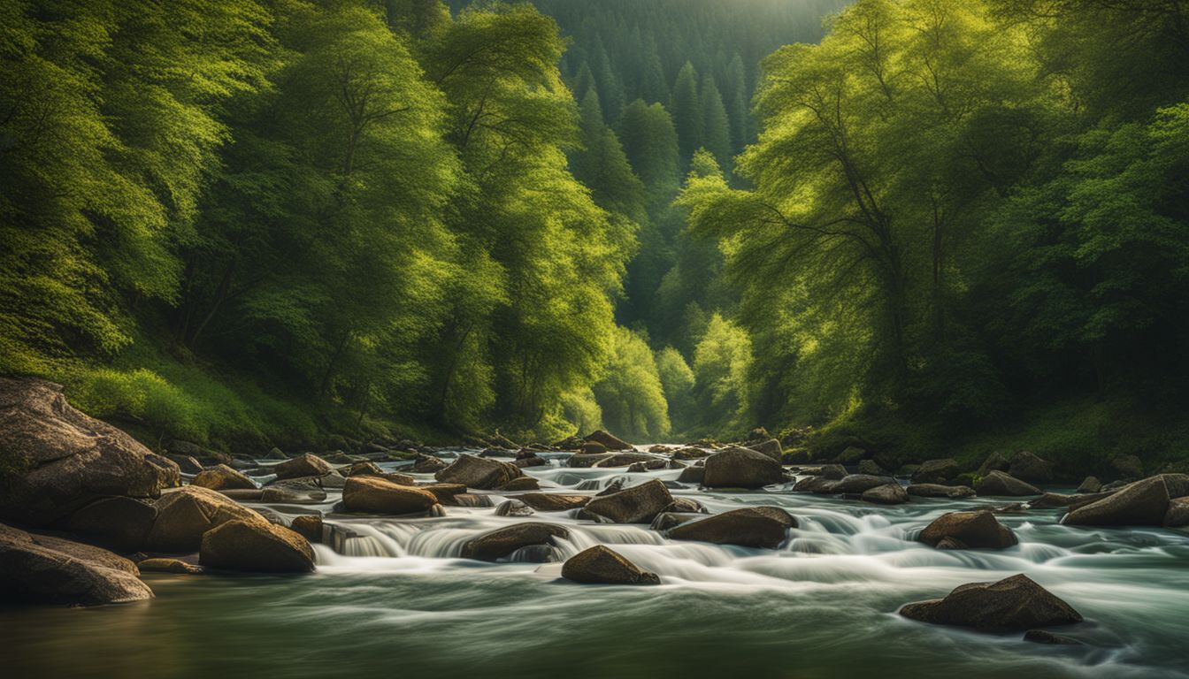A serene river flowing through a vibrant landscape is captured in this stunning photograph.
