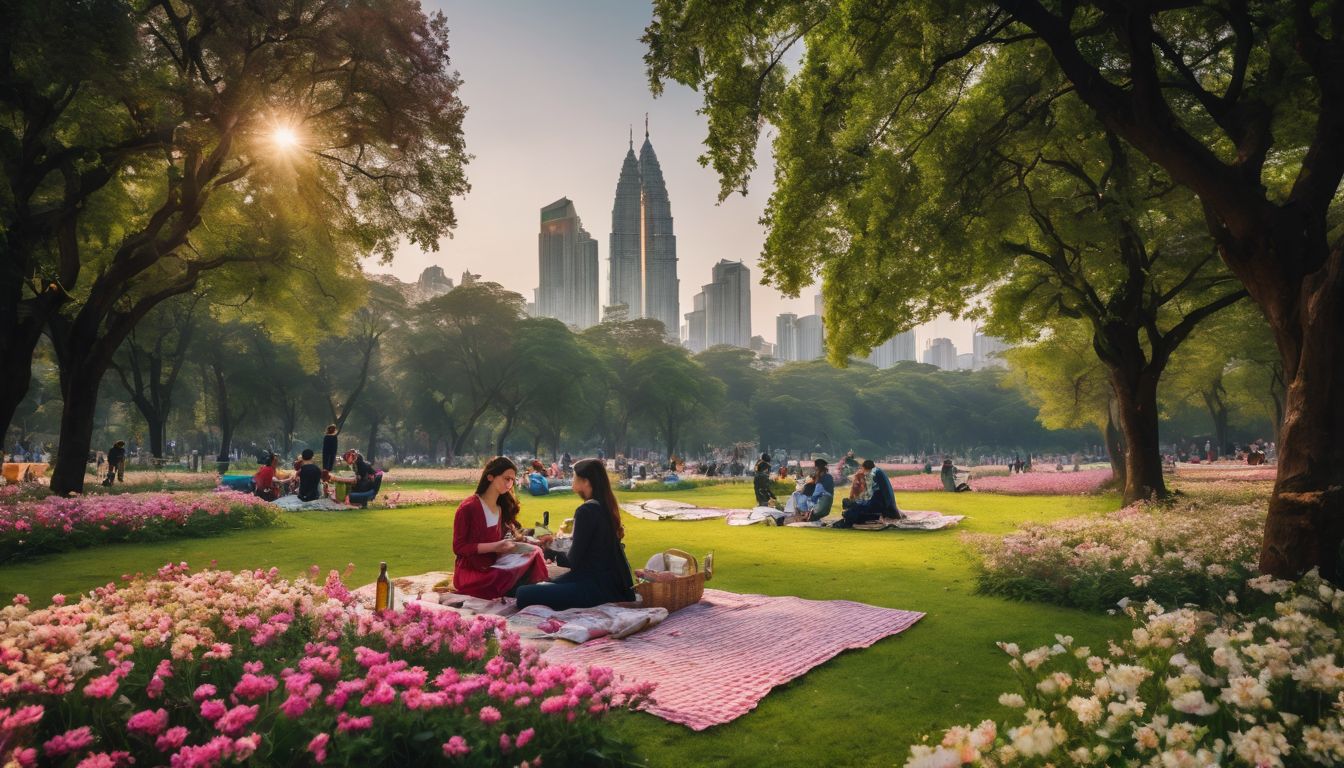 People enjoying a picnic in Ramna Park surrounded by blooming flowers, capturing the bustling atmosphere in crystal clear 8K UHD resolution.