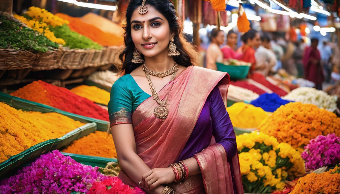 A woman wearing a traditional sari stands among colorful blooming flowers in a local market.