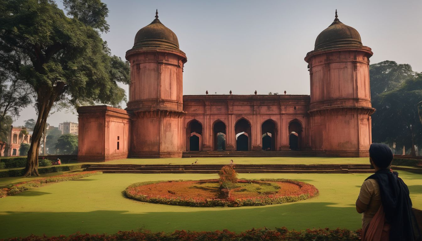 A diverse group of explorers marvel at the beauty of Dhaka Lalbagh Fort in a bustling atmosphere.