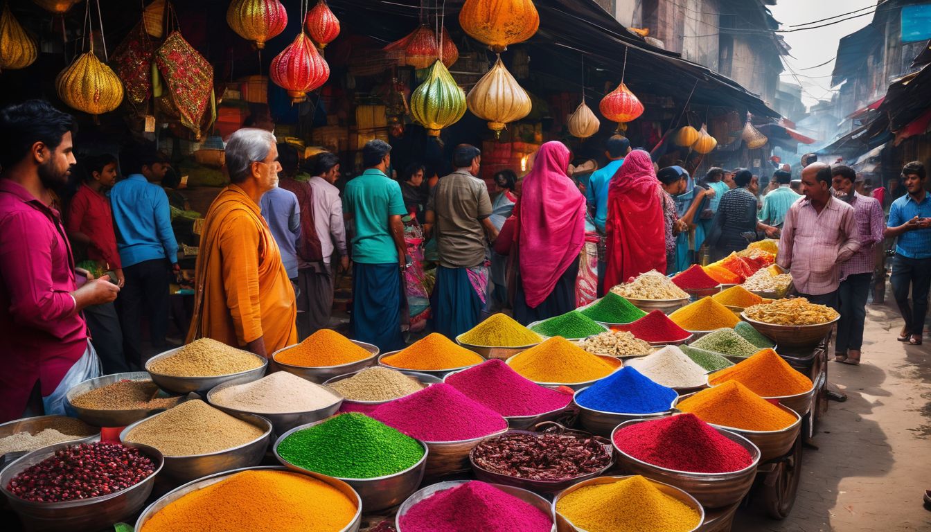 A vibrant Rangpur street market filled with colorful vendors and shoppers.