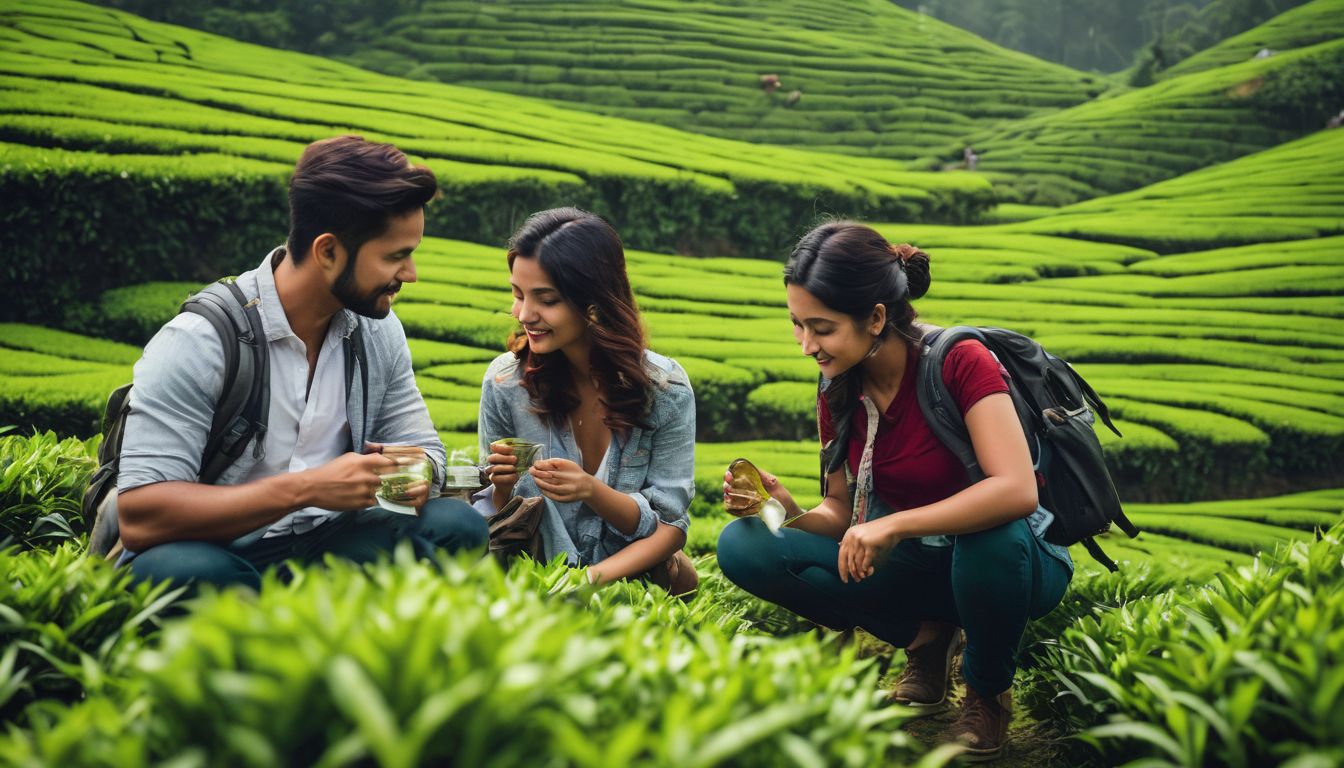 A diverse group of friends explore the lush green tea plantations in Sreemangal.