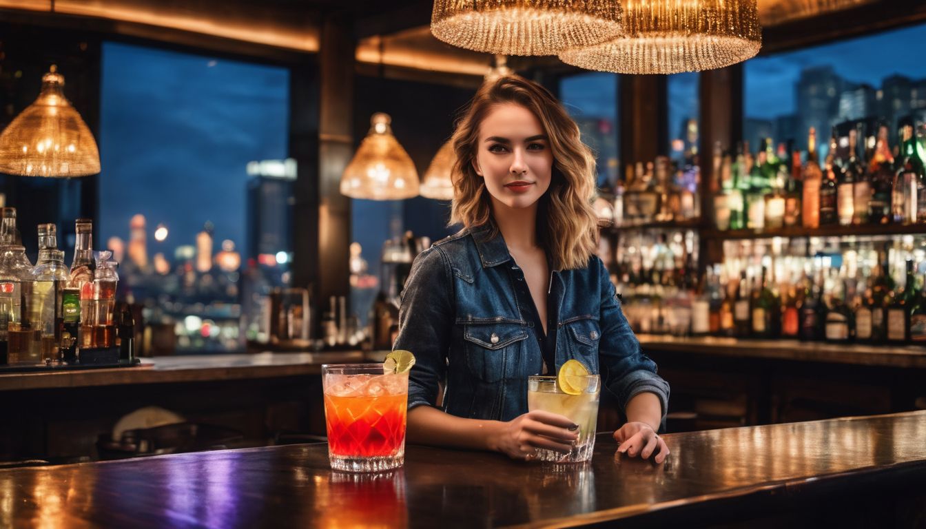 A vibrant and diverse bar scene captured with exceptional clarity and detail using professional photography equipment.