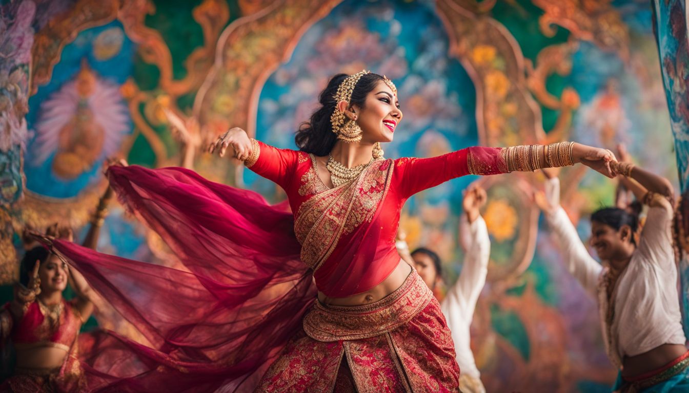 A traditional Bangladeshi dancer elegantly performs in front of a vibrant mural.