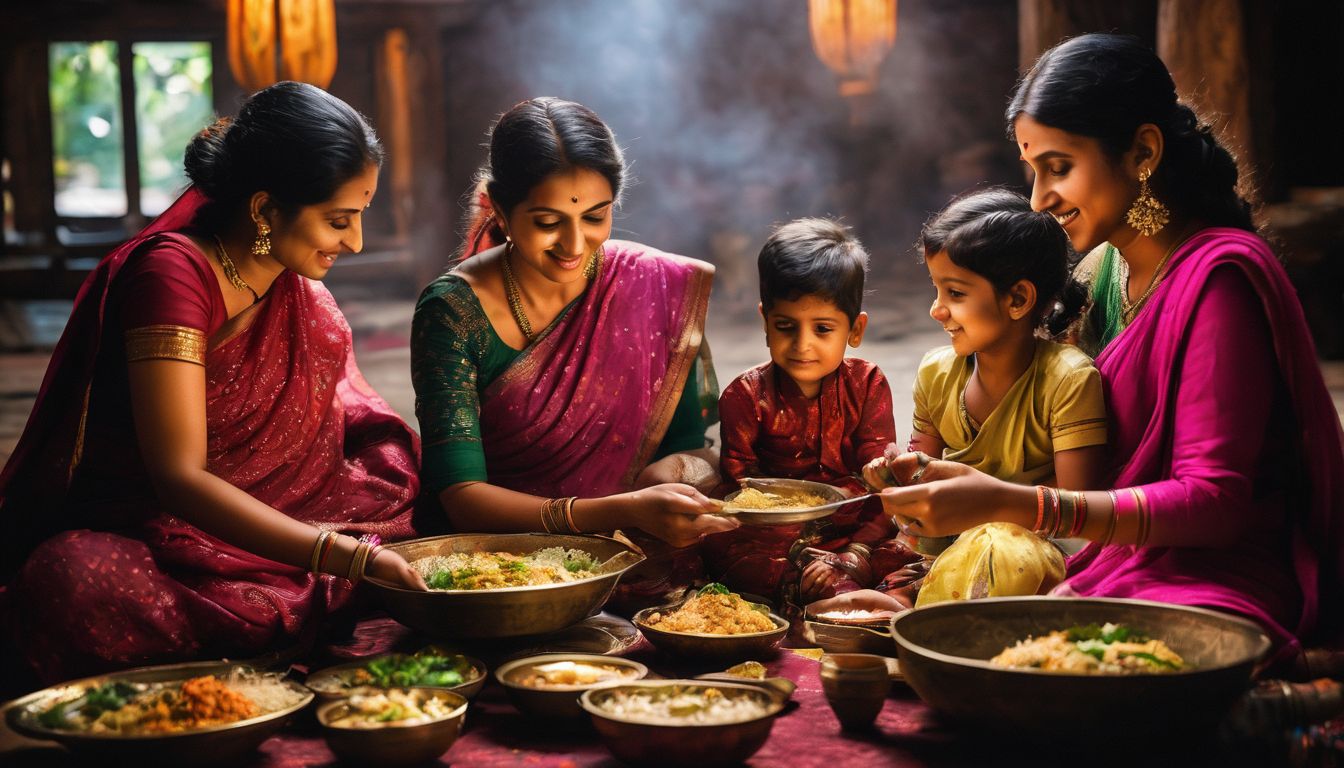 A family from Bangladesh gathers together for a meal in a traditional setting.