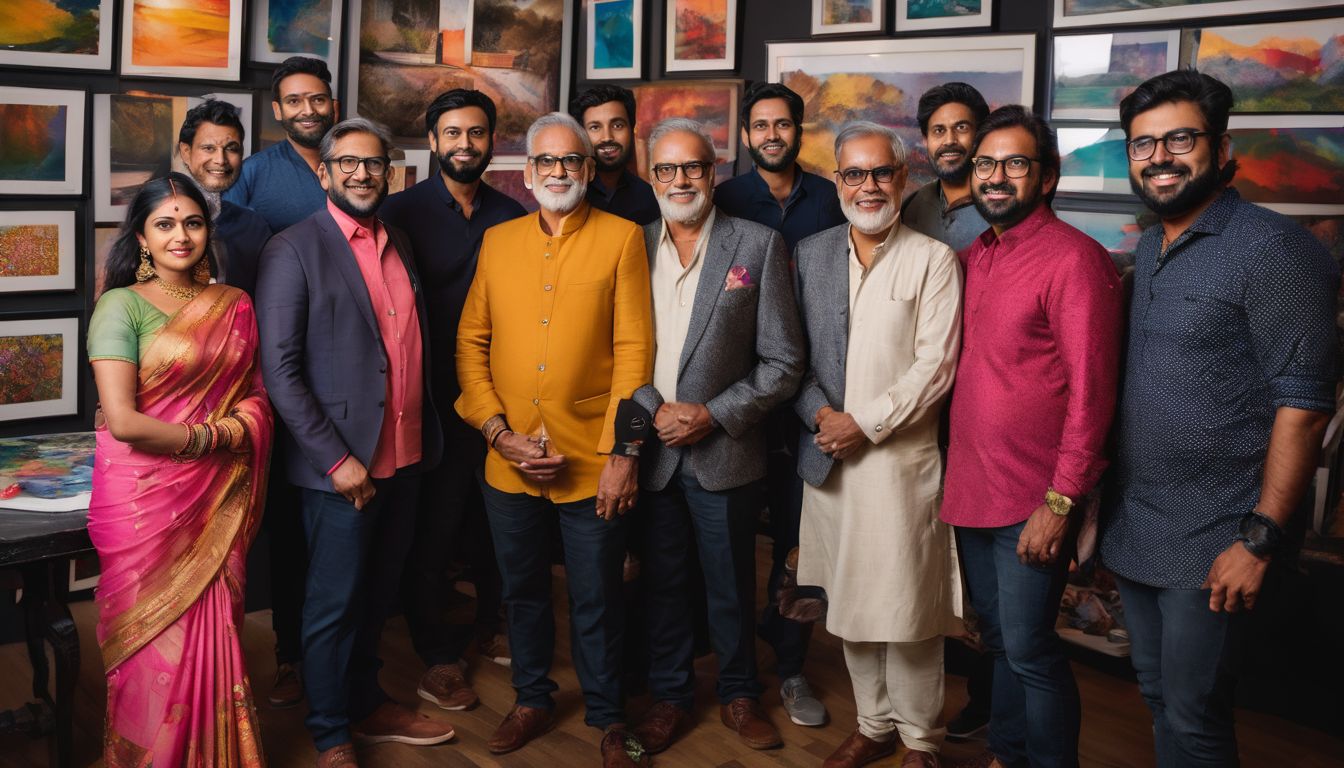 A group of Bangladeshi artists pose together in their vibrant art studio, showcasing their unique styles and personalities.